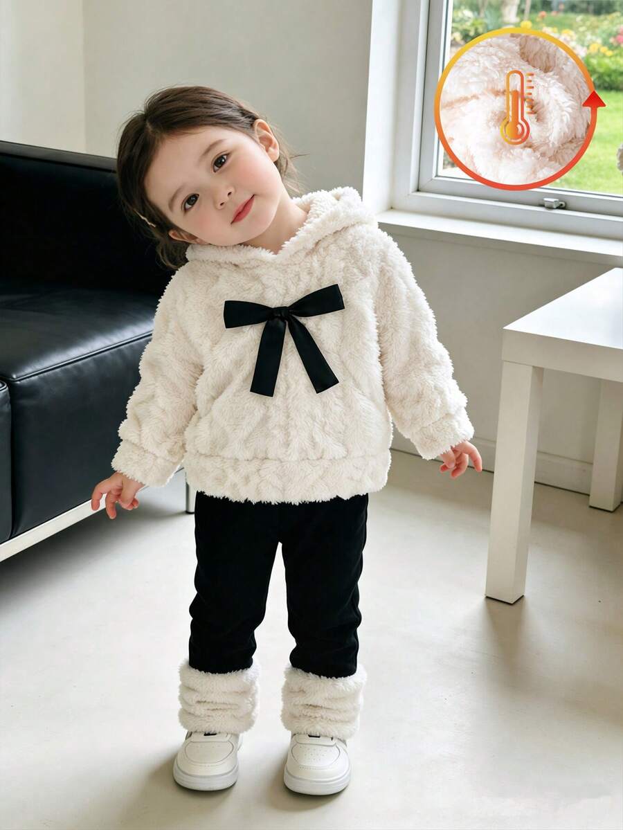 SHEIN Playful Pals 2件組女嬰Y2K親子套裝街頭風蝴蝶結羊羔絨長袖連帽衛衣與內搭褲開學季冬季服飾米白色黑色
