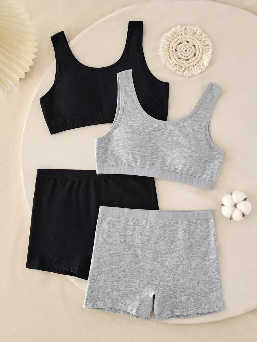 SHEIN 2pcs Solid Black & Gray Tween Girl Girls Tank Tops With Padded Cups, Simple Fashionable Casual Wear - Multicolor - View 1