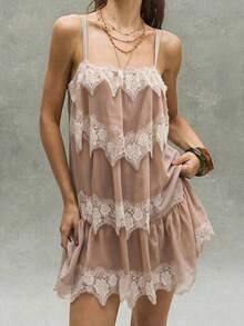 Bohemela Casual Woven Patchwork Ruffle Trim Women's Mini Dress - Coral Orange - View 4