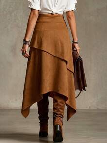 LUMIGAL Women's Suede Multi-Layer Asymmetric Ruffle Hem Skirt - Coffee Brown - View 2