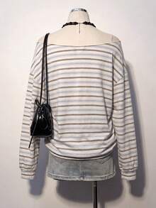 SHEIN EZwear Casual Minimalist Style Asymmetrical Striped All-Over Print Women's Loose Fit Asymmetrical Shoulder Sweatshirt, Suitable For Spring And Summer - Multicolor - View 2