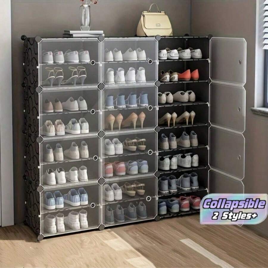 2rows8layer/3rows10layer Shoe Rack With Door, Shoe Cabinet Storage, Portable Shoe Rack, Expandable Vertical Shoe Rack, Can Store 8-60 Pairs Of Shoes, Boots, Slippers, Large DIY Plastic Detachable Shoe Rack, Suitable For Entrywa - Black - View 1