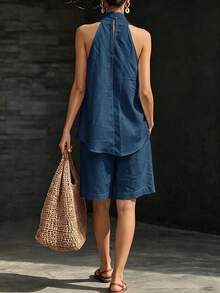 SHEIN Holidaya Conjunto de 2 piezas con textura de bambú color albaricoque, cuello en V, solapa, cintura ceñida, pierna ancha y sin mangas, atuendo de vacaciones, conjunto de 2 piezas para vacaciones de mujer, vacaciones en la isla, ropa de playa - Azul Marino - Ver 2