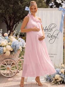 Loomaby Maternity Sweet Fashion Asymmetrical Shoulder Lace Patchwork Ribbon Dress Fall - Pink - View 3
