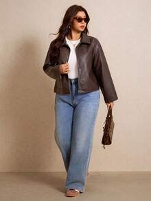 Elaquor Plus Size Fashion Streetwear PU Material Long Sleeve Zipper Jacket Casual Daily Going Out Brown Jacket For Women Fall/Winter Casual Office Work Outfit - Brown - View 6