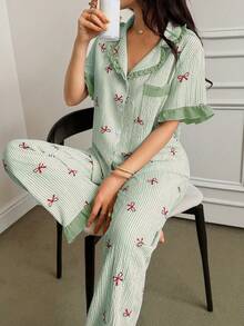 Napfluff Women's Blue Striped Bow Print Patchwork Contrast Color Ruffle Collar Short Sleeve Long Pants Pajama Set - Green - View 1