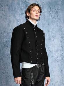 ROMWE MEN Street Life Men's Long Sleeve Casual Napoleon Overcoat - Black - View 6