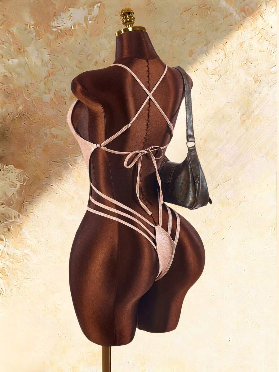 Amplova 女款一件式鋼圈V領露背綁帶泳衣,性感前衛,適合度假與日常穿著 - 棕色 - 查看 1
