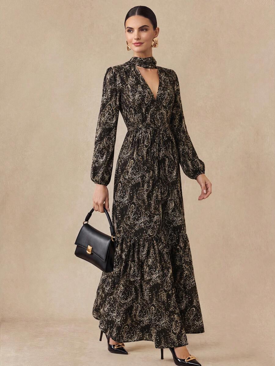 Almamuse Women's Elegant Paisley Print Long Sleeve Dress Fall Cloth For Women - Multicolor - View 1