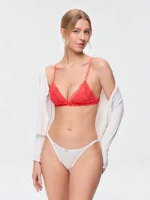Bonmuse Lencería de novia de temporada navideña, sujetador de triángulo francés para mujer, con encaje floral, suave y sin costuras, sujetador sexy rojo para busto pequeño - Rojo - Ver 6