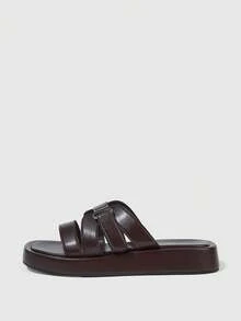 HighSole Double Metal Buckle Design Thick Bottom Casual Simple Comfortable Cool Slippers Holiday Beach - Coffee Brown - View 2
