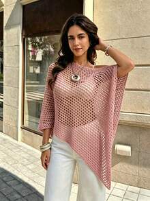 SHEIN Franclia 鏤空半透明圓領不對稱下擺毛衣 - 粉色 - 查看 4