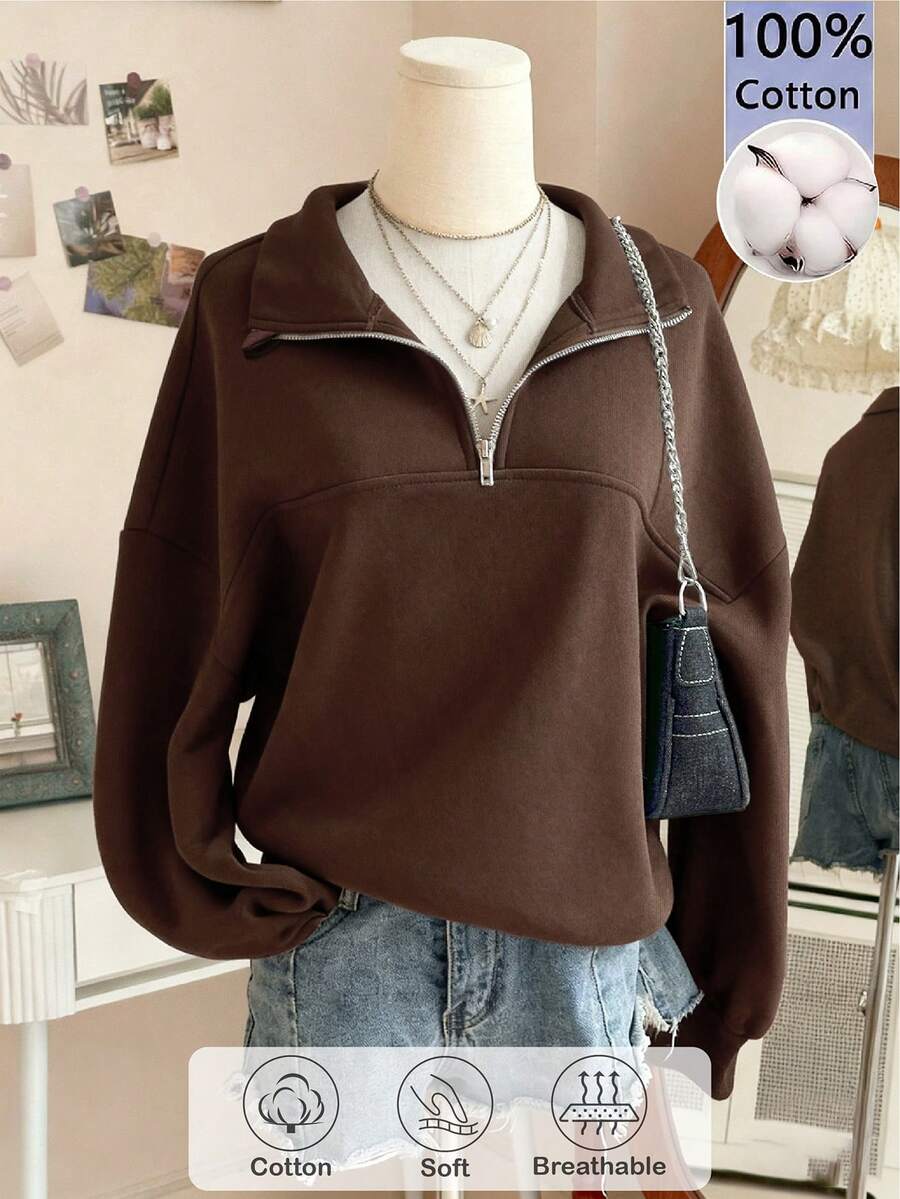 SHEIN 青少年女孩半拉鍊長袖運動衫，適合日常穿著