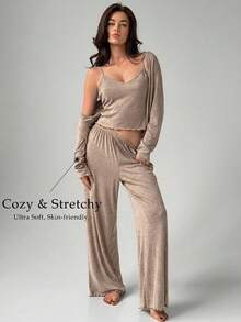 Livesso Women's Solid Color Long Sleeve Open Front Top, Camisole And Pants Loungewear Set Fall - Khaki - View 3
