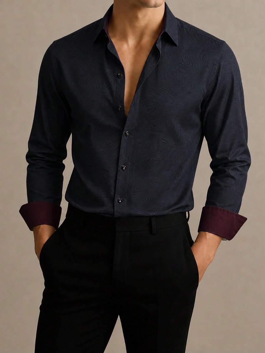 Manfinity Mode 男士標準尺寸紋理對比色休閒襯衫,男友禮物,父親節 - 黑色 - 查看 1