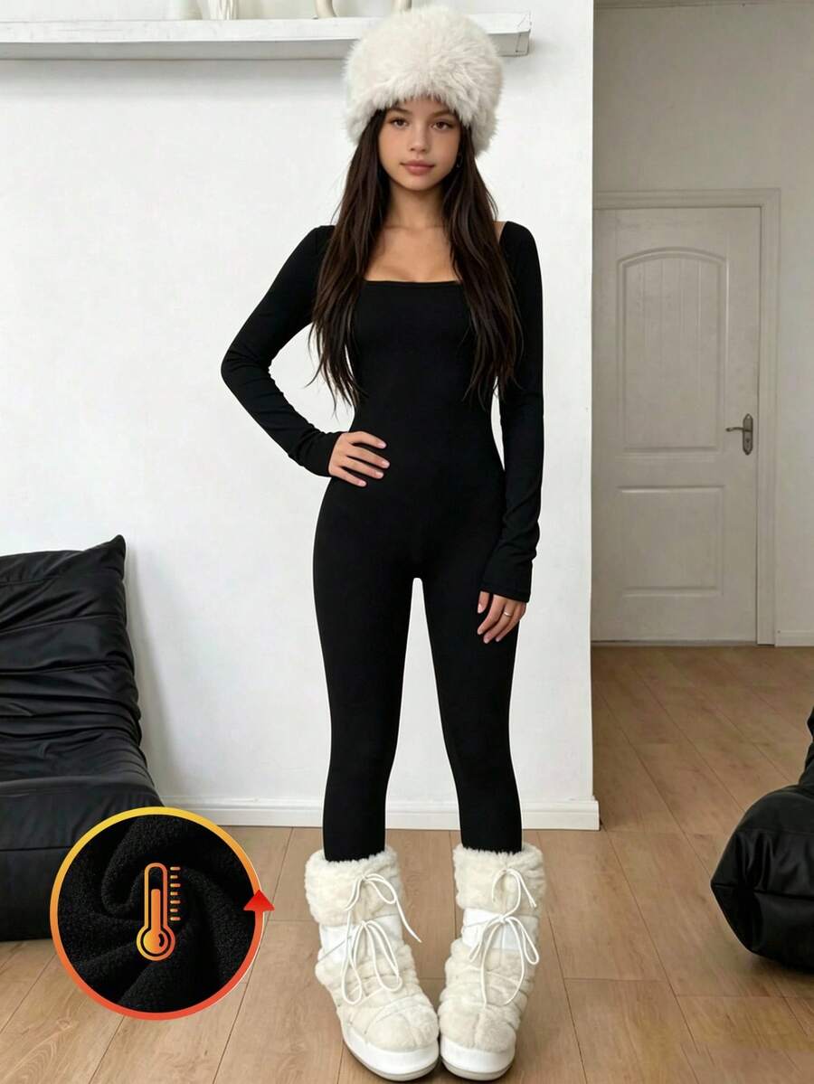 1件女童(大童)休閒基礎運動街頭瑜伽方領長袖長褲緊身連身褲,適合秋冬 - 黑色 - 查看 1