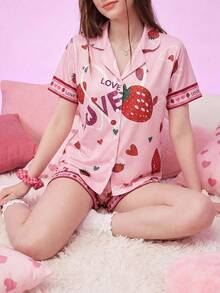 Notgurli Women's White Fast Food Print Button Down Short Sleeve Pajama Set Novelty Slumber Party - Pink - View 5