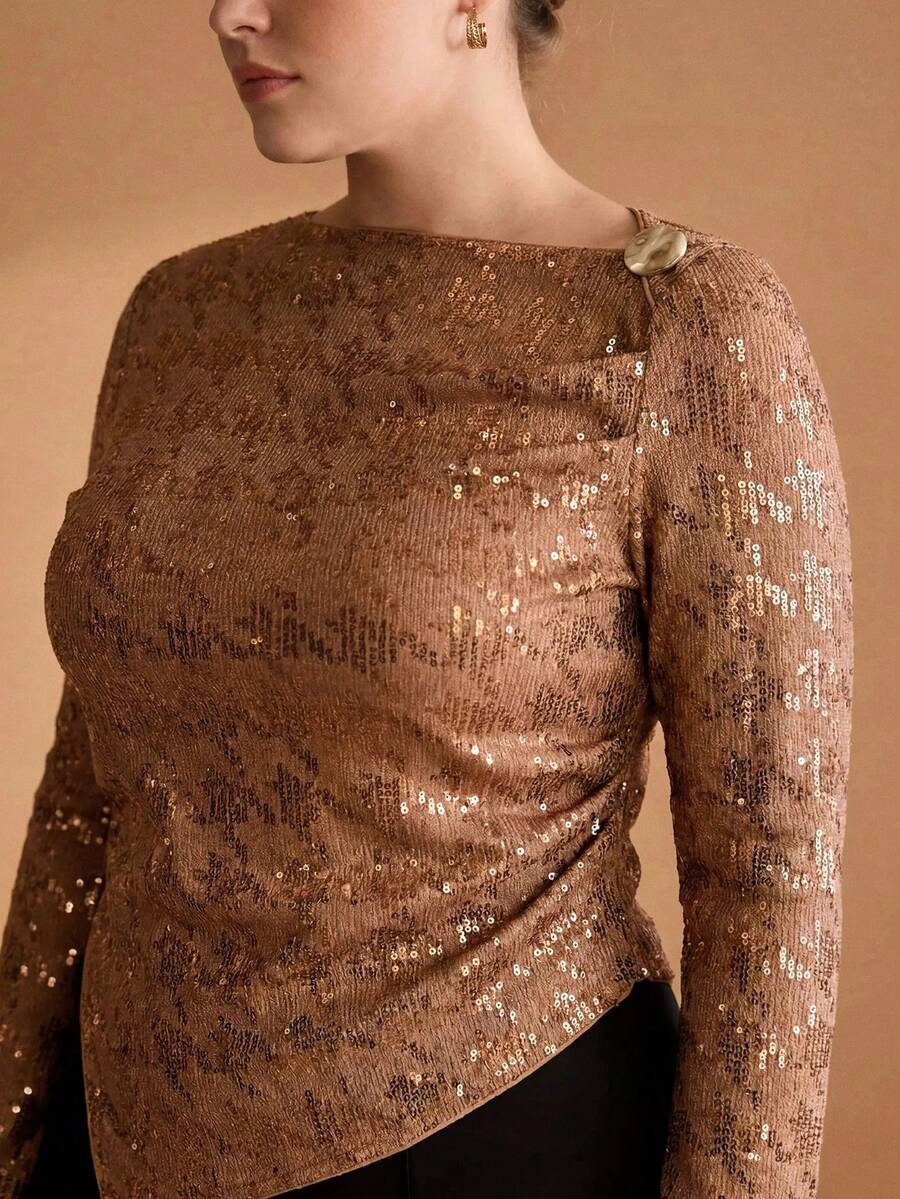 MOTF PREMIUM PLUS SIZE WOMEN'S AUTUMN/WINTER KNIT SEQUIN & METALLIC DECOR ASYMMETRICAL HEM TOP - Brown - View 2