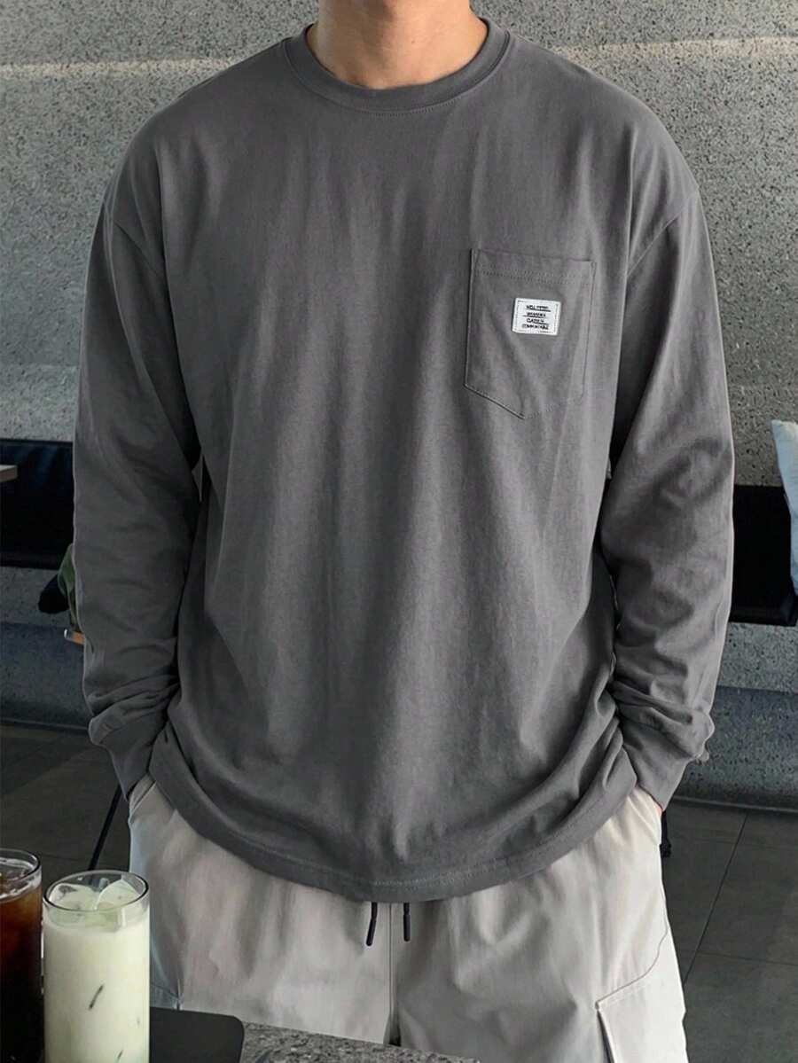 DAZY Spring Gray Long Sleeve Cuffed Loose Fit Pocket Patch Men's T-Shirt - Grey - View 1