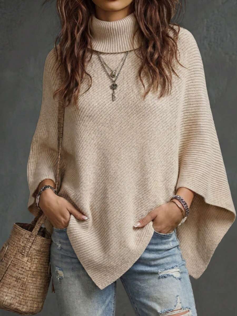 SHEIN Women's Solid Color High Neck Loose Asymmetric Hem Cape Sweater - Apricot - View 1