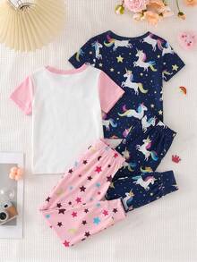 SHEIN 女童休閒極簡修身舒適圓領短袖長褲家居服套裝，4件組，適合春/夏 - 彩色 - 查看 2