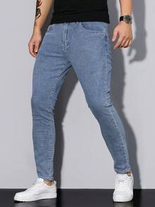 Manfinity Homme Men's Casual Denim Jeans With Pockets And Buttons For Daily Wear - Light Wash - View 1