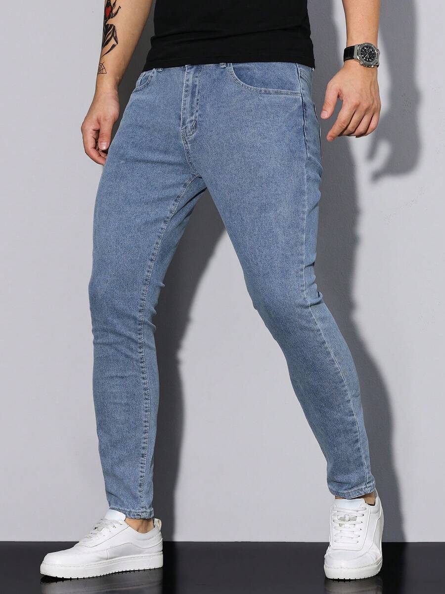 Manfinity Homme Men's Casual Denim Jeans With Pockets And Buttons For Daily Wear - Light Wash - View 1