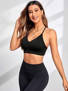 SHEIN Dewbera Seamless Black Bra With Removable Cups And Criss-Cross Back Design - Black - View 6