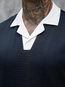 SLATEMANN 男士撞色短袖休閒通勤 Polo 衫 - 藏蓝色 - 查看 3