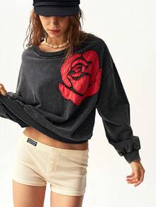 Bohemela Plus Size Women's Floral Print Drop Shoulder Long Sleeve Crew Neck Loose Sweatshirt Fall - Black - View 6
