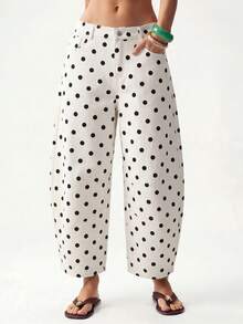 Bohemela Plus Size Women's Polka Dot Pattern Tapered Denim Jeans With Pockets - Multicolor - View 3