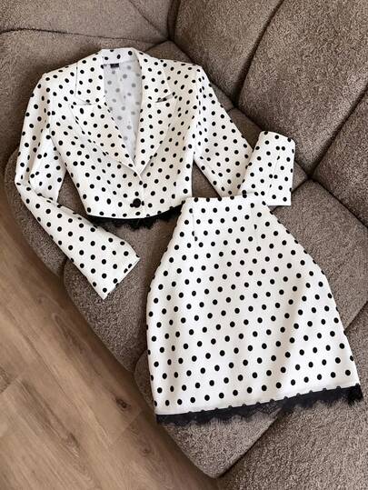 SHEIN Franclia White Polka Dot Cropped Blazer & Mini Skirt 2 Pieces Set, Elegant Formal Summer Party & Wedding Guest Outfit For Women