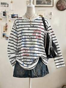 Lalippa Random Letter Striped Digital Print Fashion Minimalist Women's Long Sleeve Crew Neck T-Shirt, Friend's Gift - White - View 1