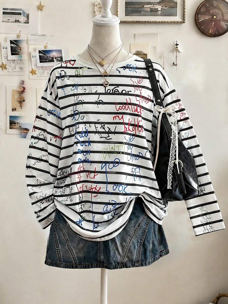 Lalippa Random Letter Striped Digital Print Fashion Minimalist Women's Long Sleeve Crew Neck T-Shirt, Friend's Gift - White - View 1