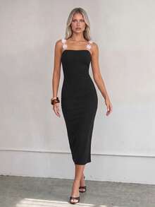Lumivelle Women's Elegant Summer Party Black And White Midi Slip Dress,Waist-Cinched Bodycon Slim Tube Dress With 3D Flower Shoulder Strap Colorblock Decor - Black - View 4