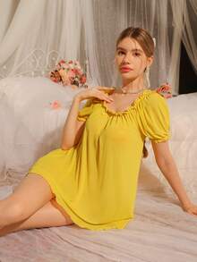 DelicateAllure Women's Solid Color Short Sleeve Mini Nightgown - Yellow - View 1