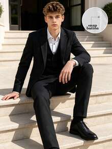Teen Boys Gentleman Suit, Loose Preppy Casual, For Back‑To‑School, Outdoor, Daily - Black - View 4