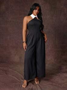 Rustia Plus Size Women's Casual Elegant Striped Jumpsuit - Black and White - View 5