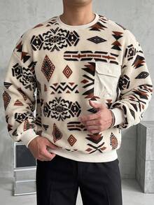 DAZY Khaki Lambswool Fabric Thermal Lined Geometric All-Over Floral Vintage Pattern Ribbed Cuff Collar Hem Men's Pullover Sweatshirt - Khaki - View 7