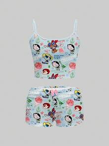 Sweetina THE POWERPUFF GIRLS X SHEIN 女款細肩帶上衣與短褲兩件套，鬆緊腰，休閒極簡 IP 聯名印花圖案，適合度假、畢業季、夏季上衣、日常通勤、約會、派對、秋冬春夏、聖誕節、新年、感恩節、婚禮、海灘 - 彩色 - 查看 7