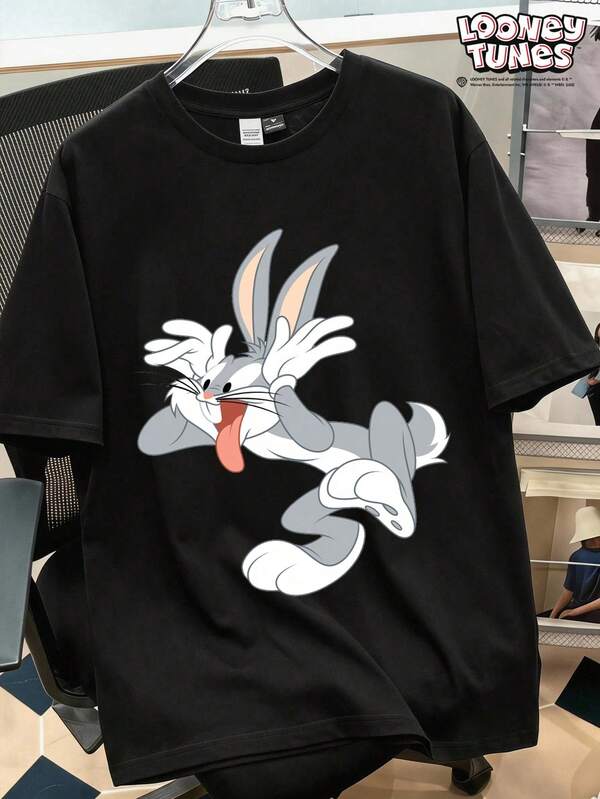 LOONEY TUNES X SHEIN Manfinity Joysei 聯名款青年時尚男士趣味卡通短袖T恤，適合休閒日常穿著