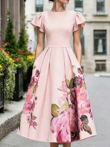 EMERY ROSE Lady's Elegant Summer Leaf-Patterned Short-Sleeved Dress With Pink Print - Suitable For Parties, Weddings And Afternoon Tea. Long Dress - Pink - View 1