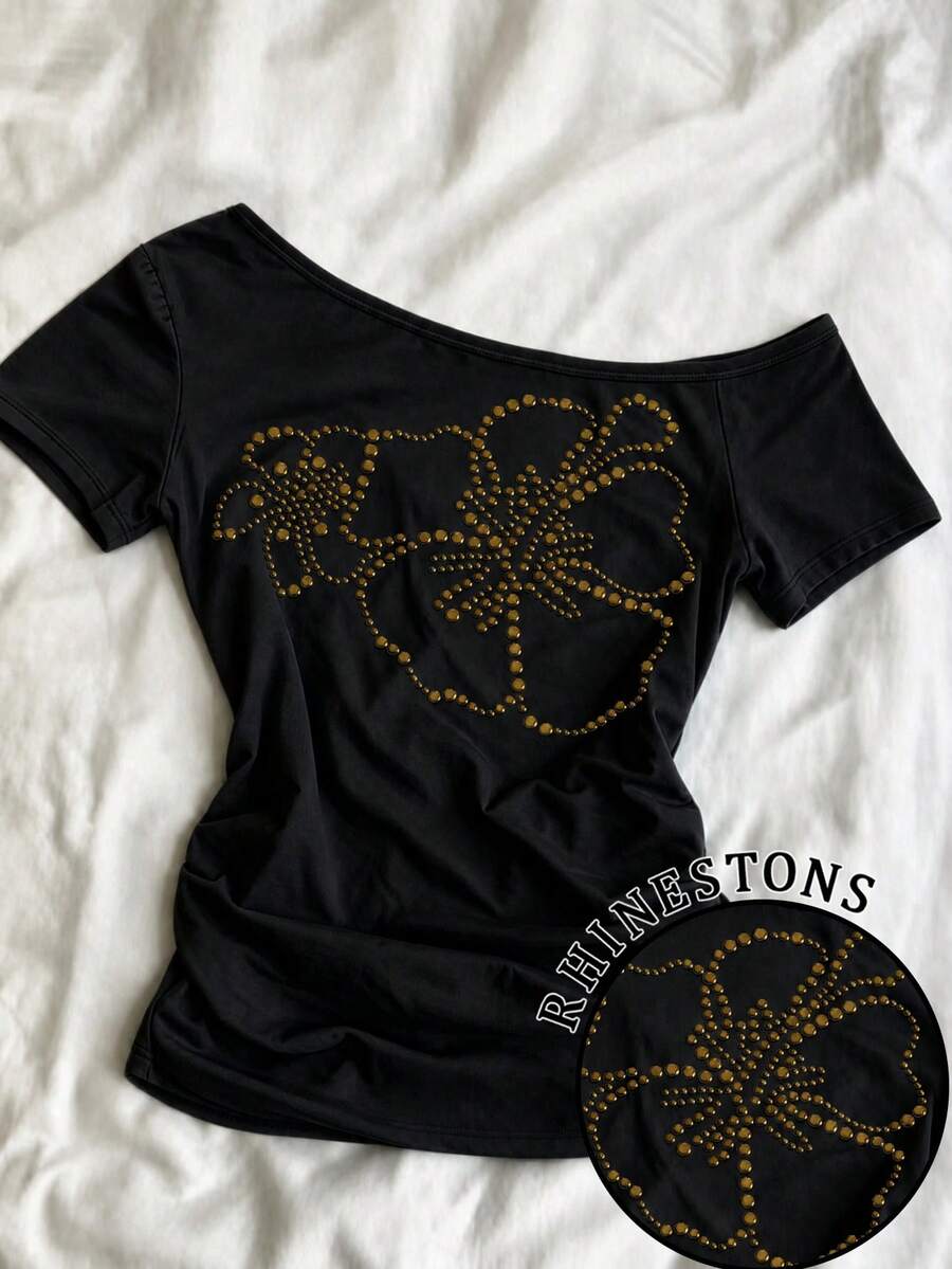 IslaSuriya 女款 T-shirt,不對稱肩短袖修身 T-shirt,優雅女款 T-shirt,適合日常穿著與約會場合,女款短袖上衣,夏季女款上衣,最新女款上衣,花卉圖案 T-shirt,水鑽 T-shirt - 彩色 - 查看 1