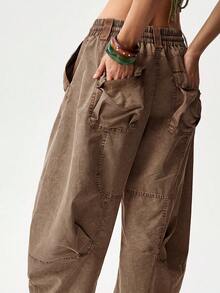 Bohemela Spring/Summer Vacation Solid Color Woven Harem Pants For Women - Brown - View 5
