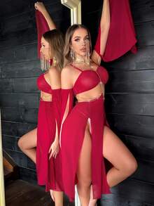 Fantasy Costume Fantasy Costume 6件組女神系列透視性感內衣套裝 - 酒紅色 - 查看 5