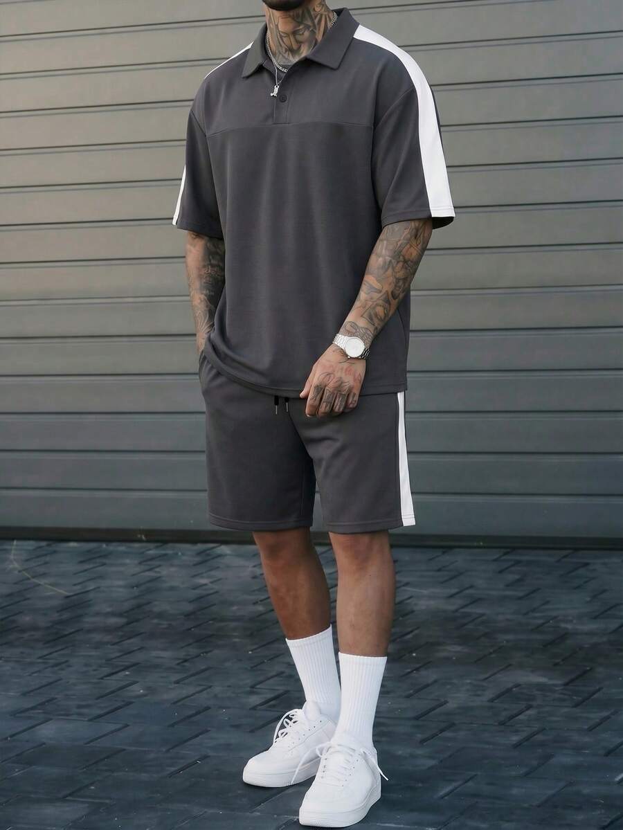 Manfinity CasualCool Men's Casual Striped Contrast Color Button Half-Placket Polo Shirt And Drawstring Waist Pocket Shorts Set - Multicolor - View 1