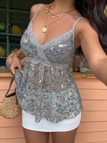 Sunnyshic Bohemian Vintage Romantic Sexy Sweet Girl Y2K Millennium Sexy Vintage Glamorous Vacation Casual Dating Shopping Party Music Festival Sequin Embroidered Sheer V-Neck Lace Patchwork Green Camisole Tank Top Women's Top Spring Summer Autumn - Grey - View 4