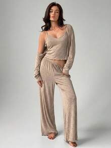 Livesso Women's Solid Color Long Sleeve Open Front Top, Camisole And Pants Loungewear Set Fall - Khaki - View 10
