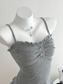 Elamini 女士夏季休闲纯色褶饰胸围荷叶边修身吊带背心 - 灰色 - 查看 4