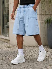 Manfinity EZcore Men Plus Size Casual Wide Leg Denim Shorts With Multi-Buckle Belt, Street Fashion - Light Wash - View 6